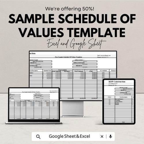 Sample Schedule of Values Template | Construction Project Billing Spreadsheet | Contractor Payment Schedule | Editable SOV Form