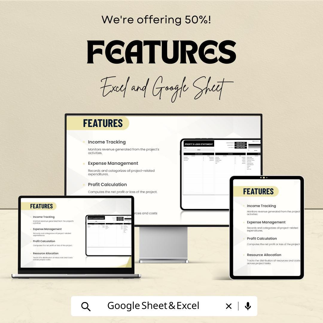 Project Profit and Loss Sheet - Excel & Google Sheets Template for Budget Tracking, Expense Management, and Profit Calculation
