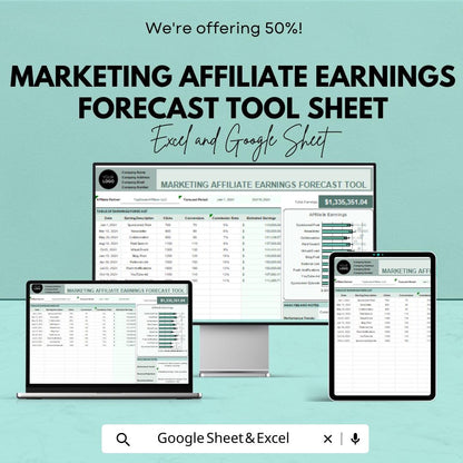 Marketing Affiliate Earnings Forecast Tool Sheet | Excel and Google Sheets | Track Affiliate Performance | Affiliate Marketing Tracker
