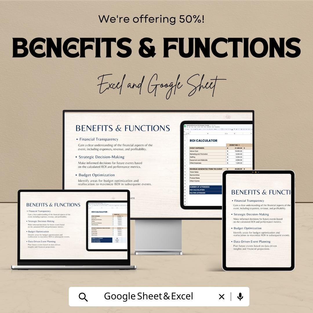 Marketing Brand Event ROI Calculator Sheet - Google Sheets  - Calculate Event ROI - Marketing Budget Tracker - ROI Performance Analysis