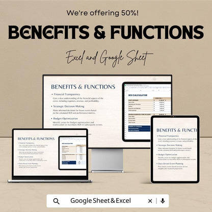 Marketing Brand Event ROI Calculator Sheet - Google Sheets  - Calculate Event ROI - Marketing Budget Tracker - ROI Performance Analysis