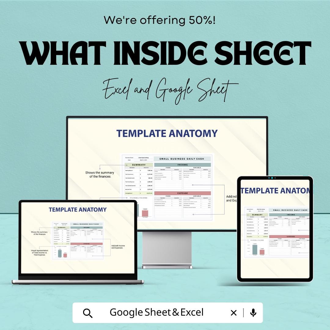 Small Business Daily Cash Sheet | Google Sheet and Excel Template | Income & Expense Tracker | Daily Cash Flow Tracker for Small Businesses