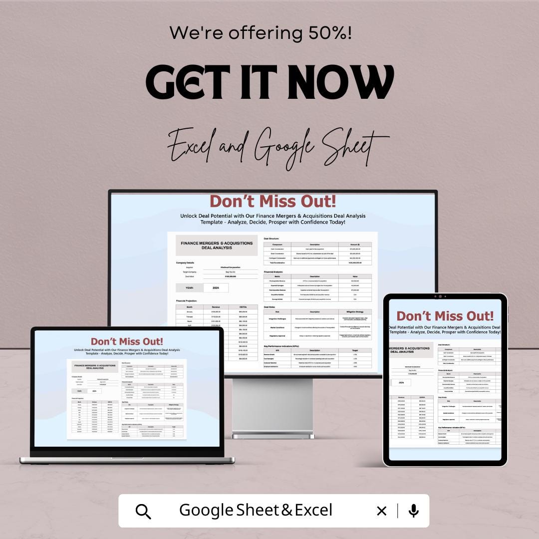 Finance Mergers & Acquisitions Deal Analysis Template | MandA Financial Model | Acquisition Valuation Tool | Excel and Google Sheets