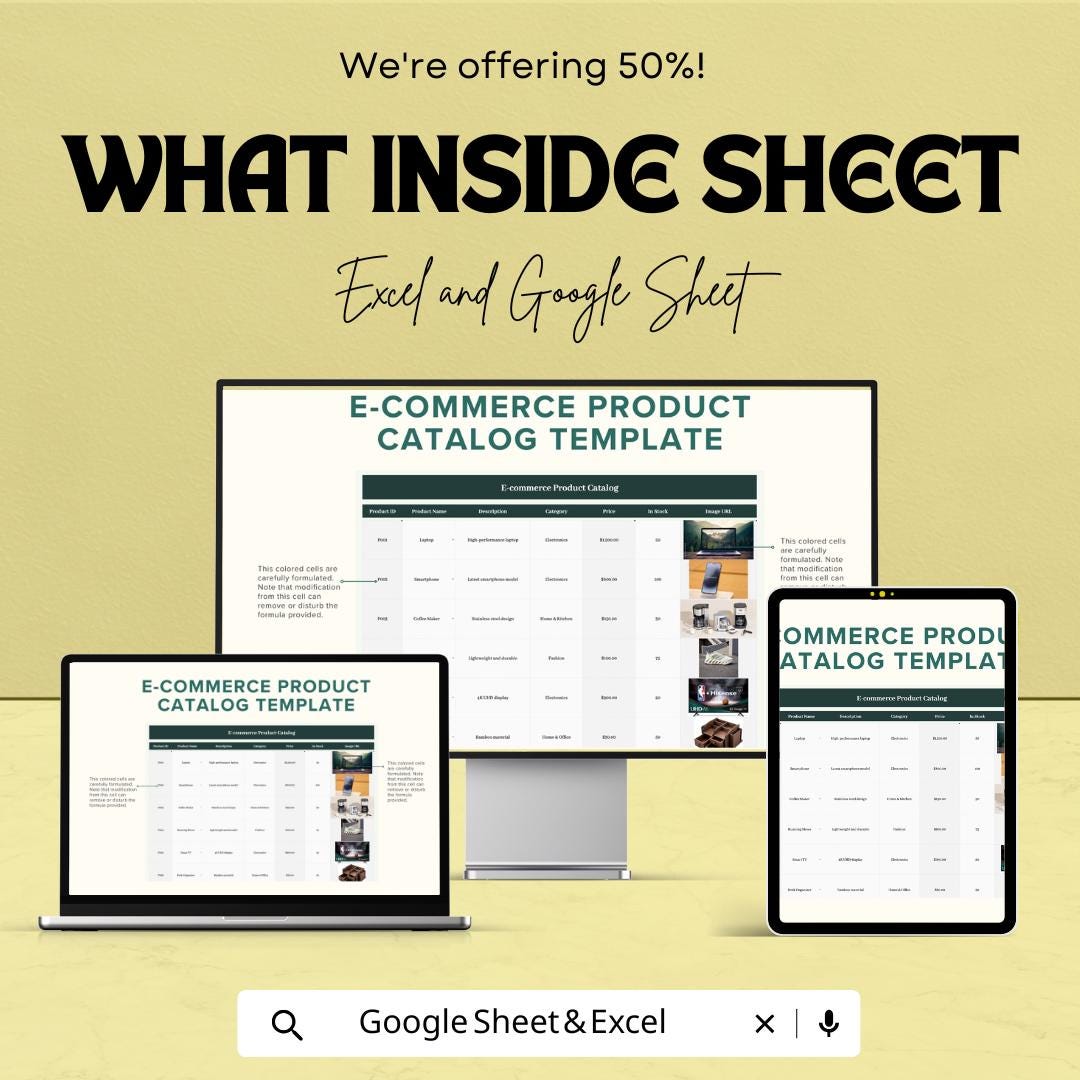 E-commerce Product Catalog Template | Product Inventory Sheet | Online Store Catalog | Excel & Google Sheets