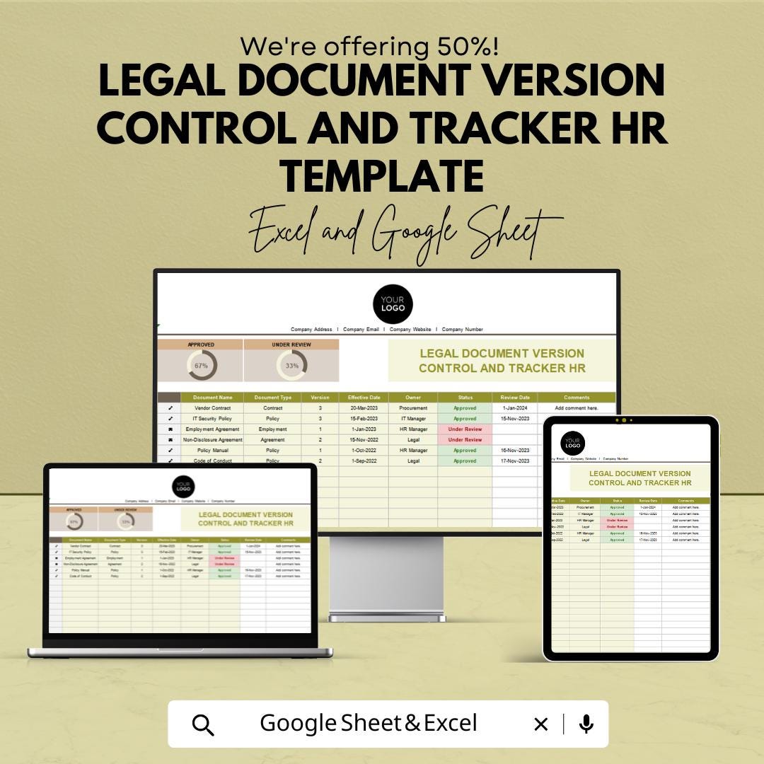 Legal Document Version Control Tracker | HR Compliance Document Log | Legal File Management Template | Excel & Google Sheets