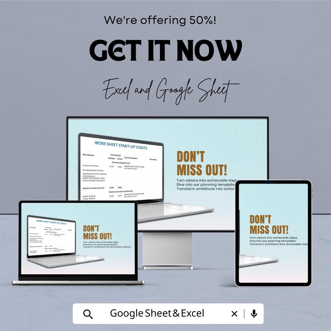 Restaurant Start-Up Cost Worksheet | Google Sheets & Excel Template | Restaurant Budget Planner | Startup Expense Tracker for Small Business