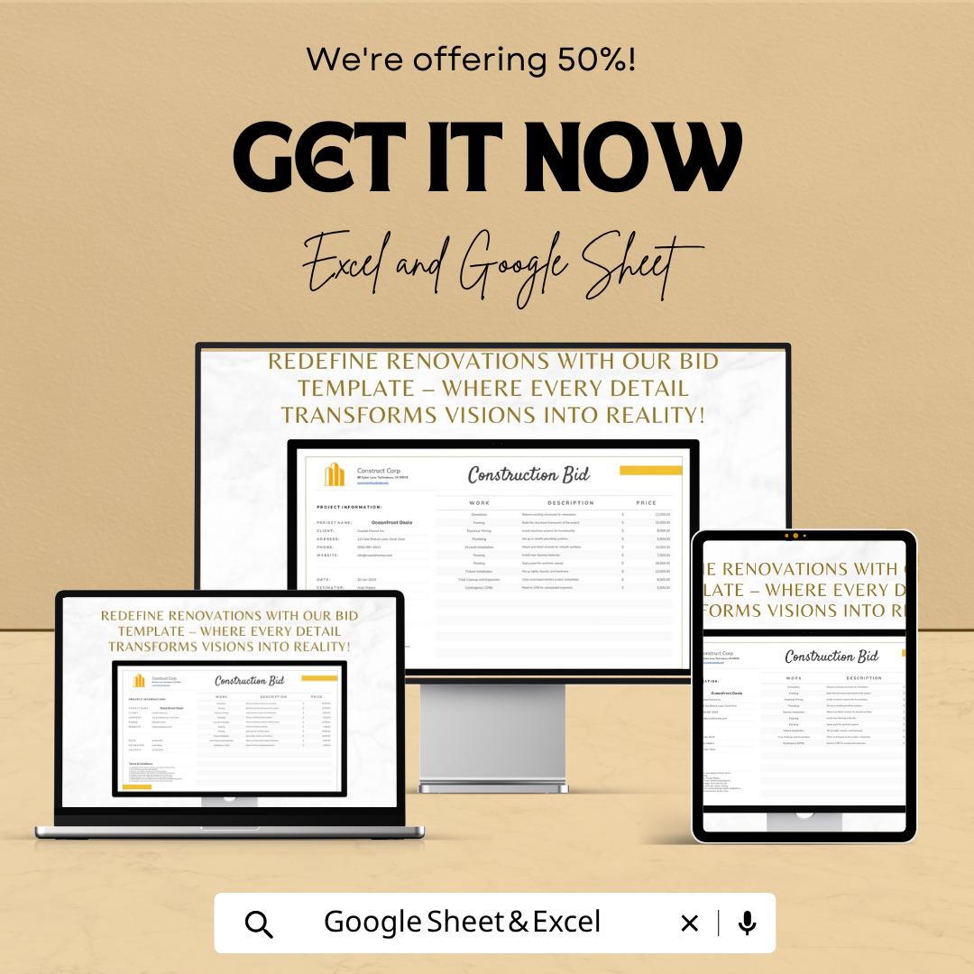 Renovation Construction Bid Template | Construction Bid Spreadsheet | Contractor Proposal Template | Excel & Google Sheets |