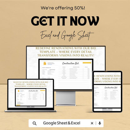 Renovation Construction Bid Template | Construction Bid Spreadsheet | Contractor Proposal Template | Excel & Google Sheets |