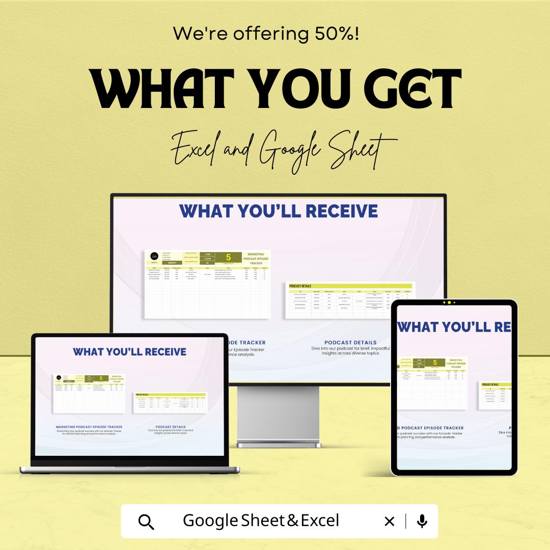 Marketing Podcast Episode Tracker Sheet - Excel & Google Sheets Template for Podcasters - Track Your Episodes and Growth