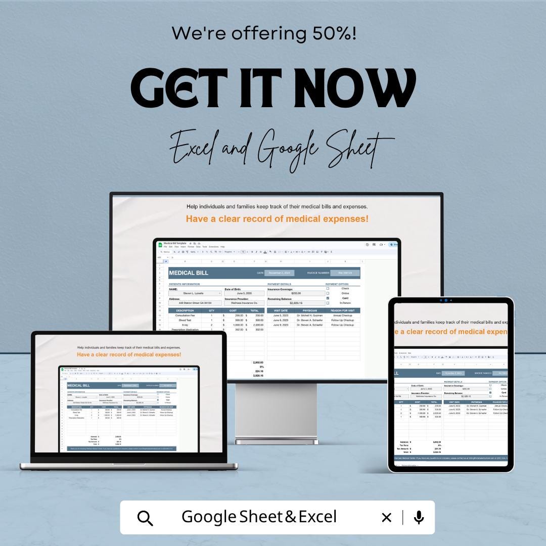Medical Bill Template Excel Google Sheets | Healthcare Expense Tracker | Patient Billing Spreadsheet | Medical Invoice Template |