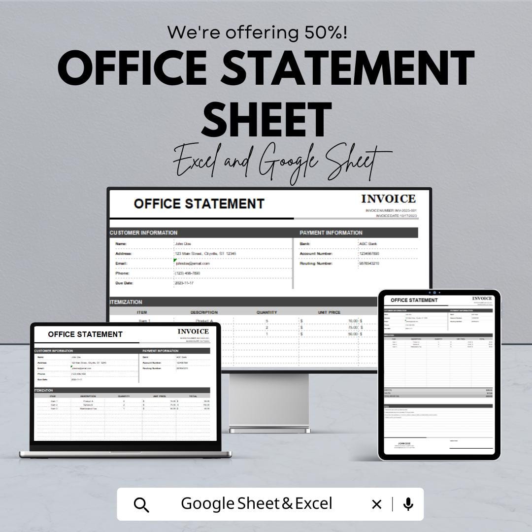 Office Statement Sheet Template | Excel and Google Sheets | Business Invoice & Billing Form | Finance Tracker | Digital Download