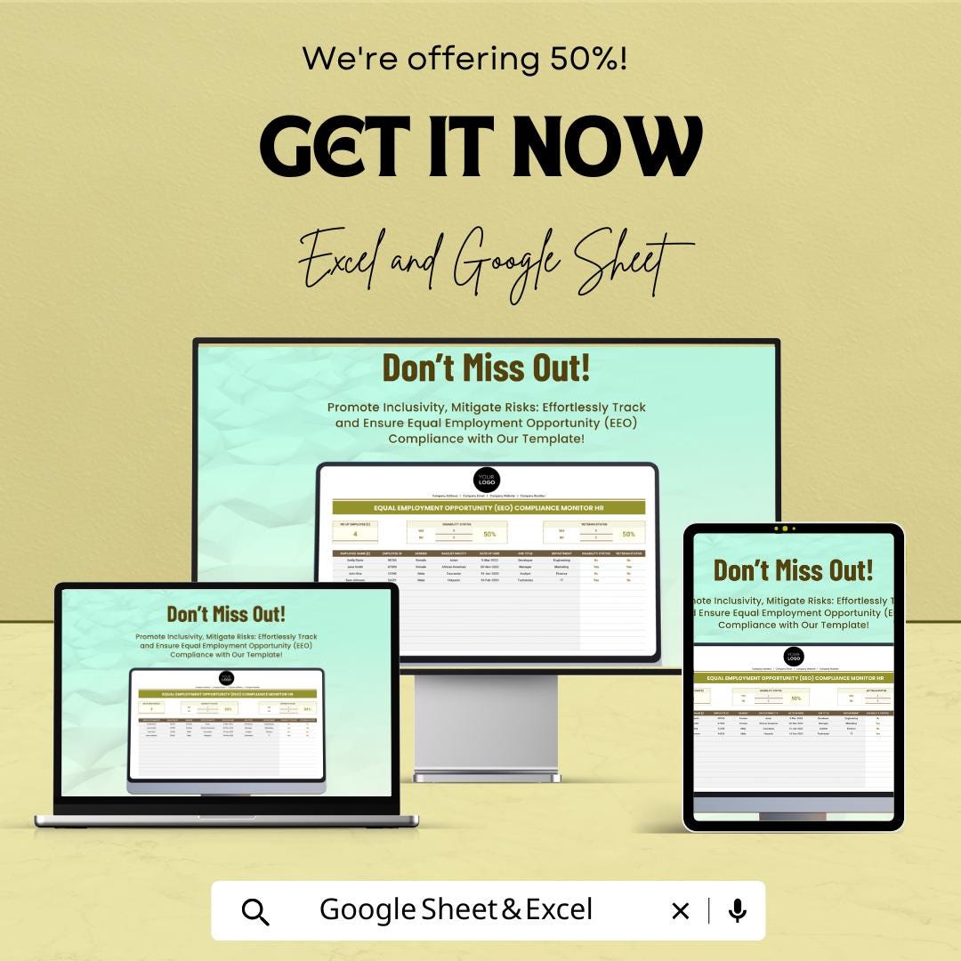 Equal Employment Opportunity EEO Compliance Tracker Hr Template | EEO Monitoring Spreadsheet | HR Compliance Dashboard | Excel Google Sheets