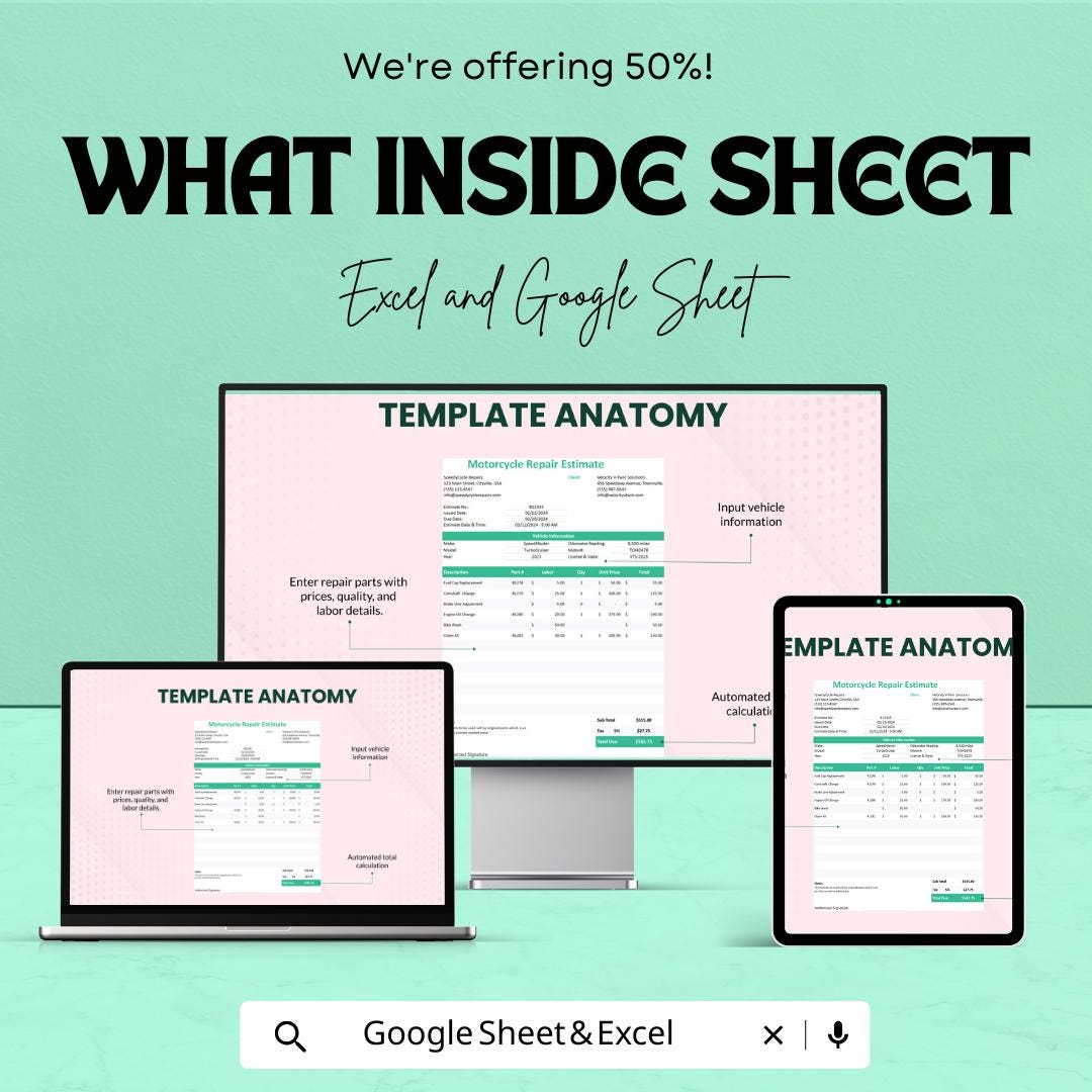 Motorcycle Repair Estimate Template - Excel & Google Sheets, Professional Vehicle Repair Estimation, Customizable, Maintenance Quote
