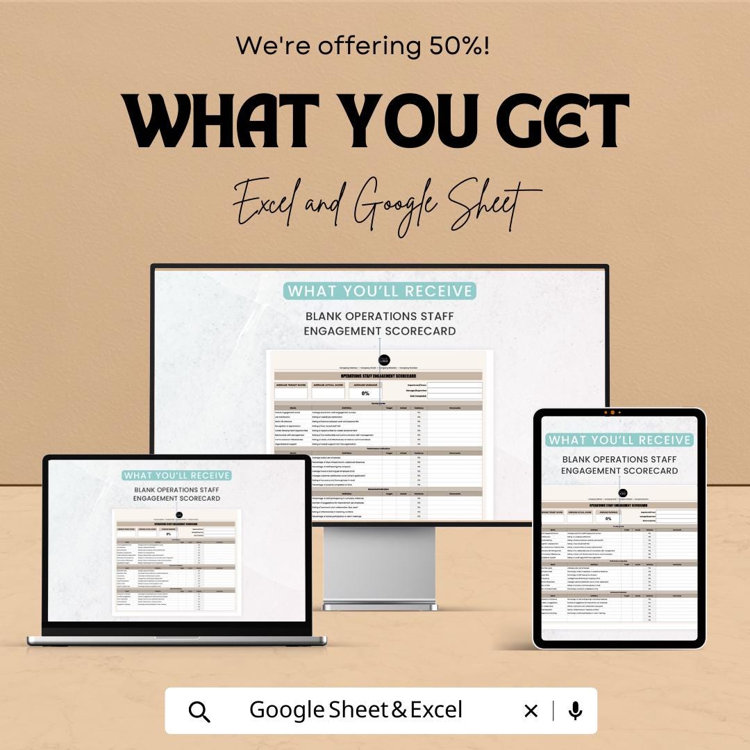 Operations Staff Engagement Scorecard Template, Employee Engagement Tracker, HR Performance Scorecard, Team Satisfaction Metrics
