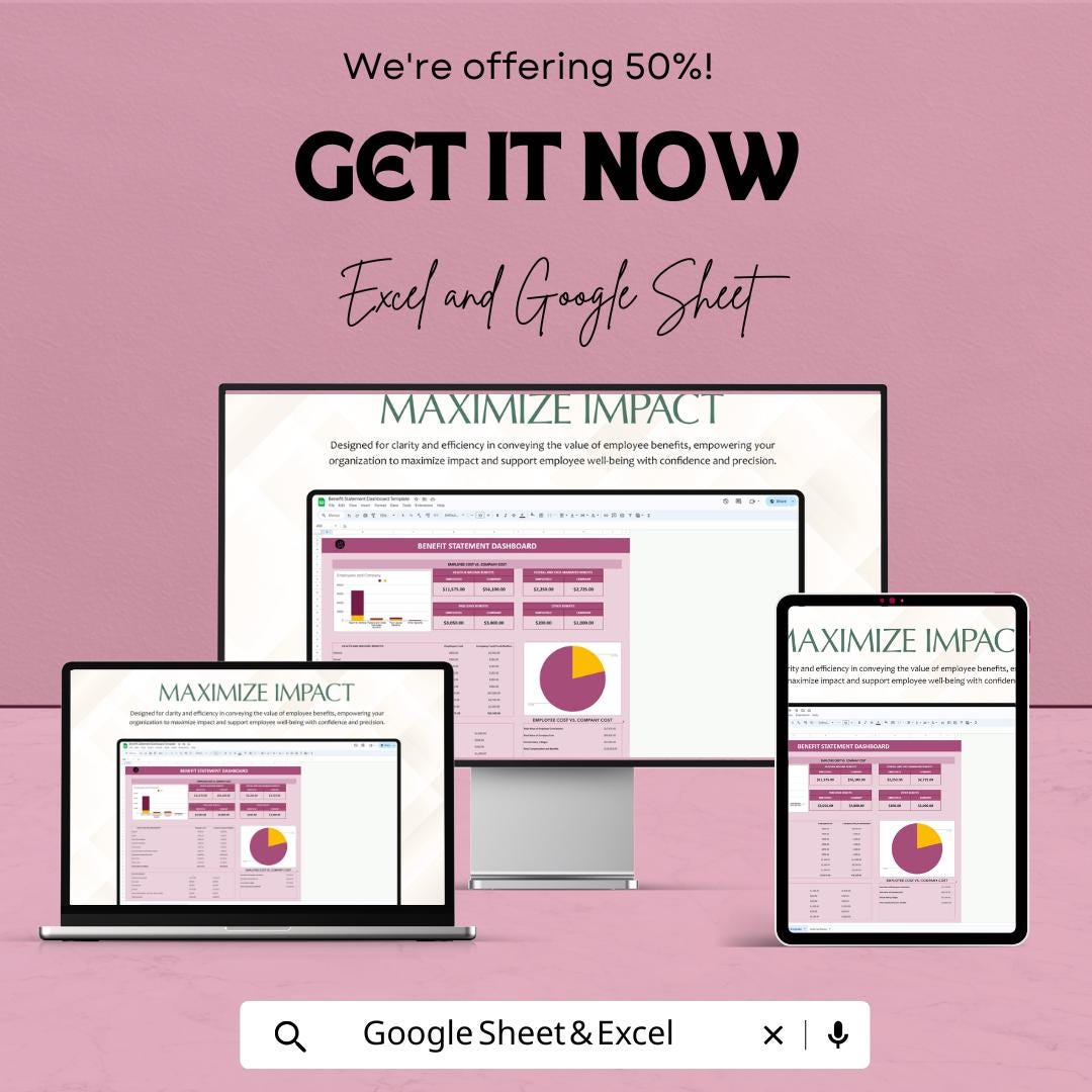 Benefit Statement Dashboard - Excel and Google Sheet | Employee Benefits Tracking & Analysis | Company Benefits Dashboard Template