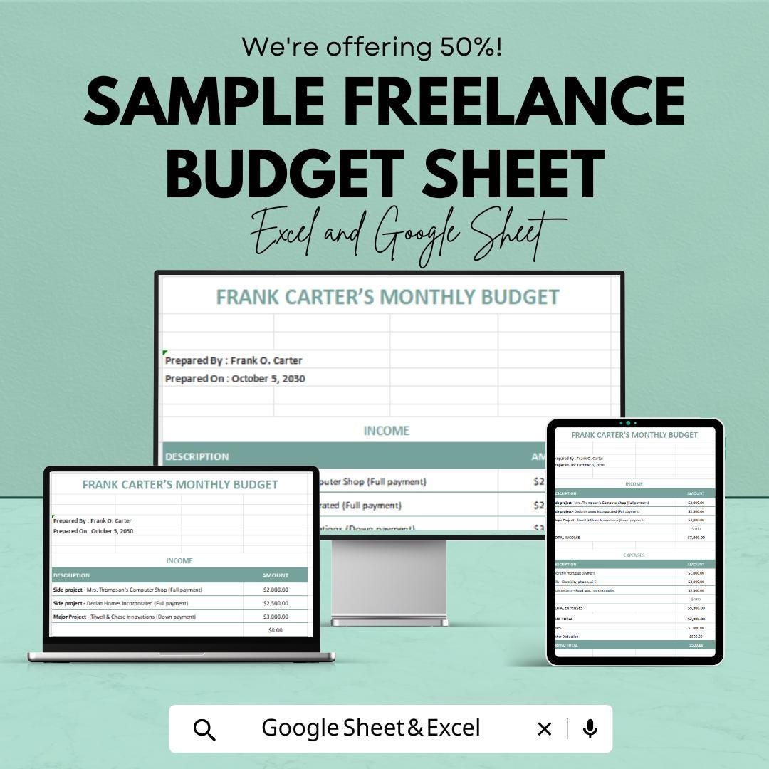 Sample Freelance Budget Sheet – Excel and Google Sheets Template | Track Income & Expenses | 50% Off