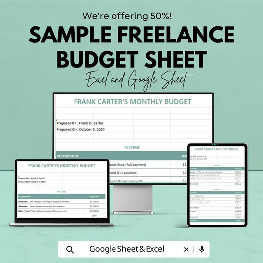 Sample Freelance Budget Sheet – Excel and Google Sheets Template | Track Income & Expenses | 50% Off