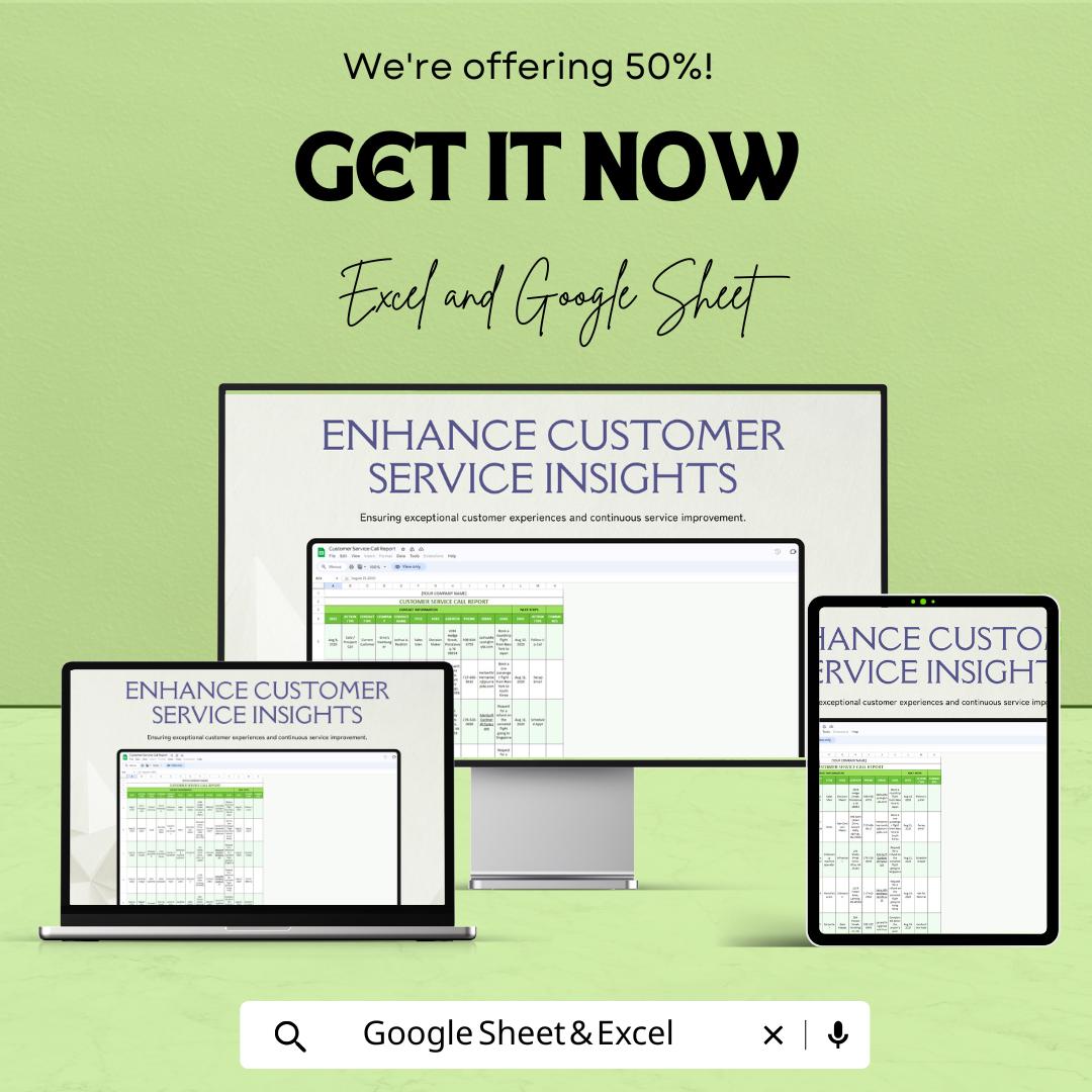 Customer Service Call Report Template - Excel & Google Sheets - Track Customer Interactions, Editable, Instant Download