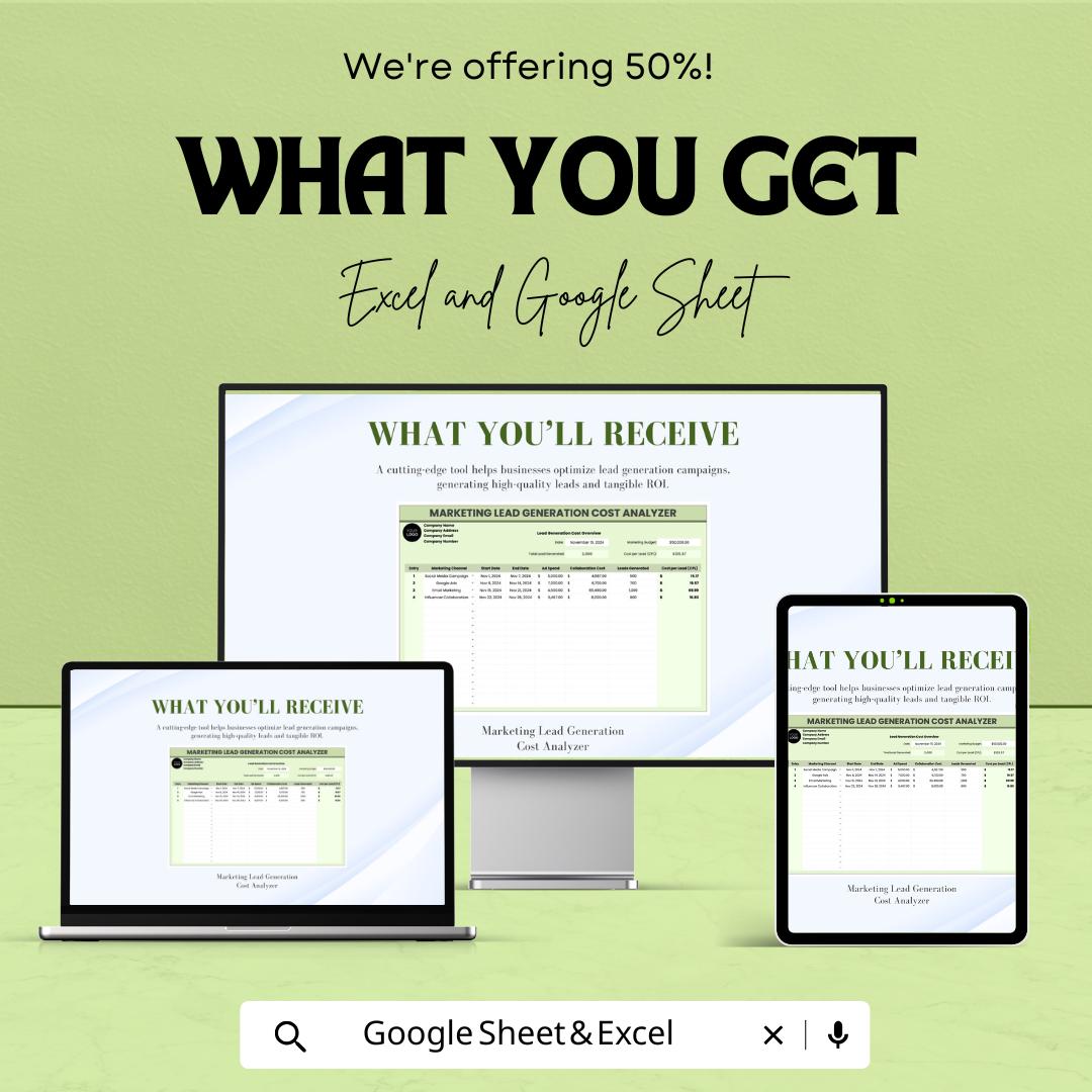 Marketing Lead Generation Cost Analyzer Template | Lead Cost Calculator | Lead Gen Budget Tracker | Marketing Cost Tracking Template