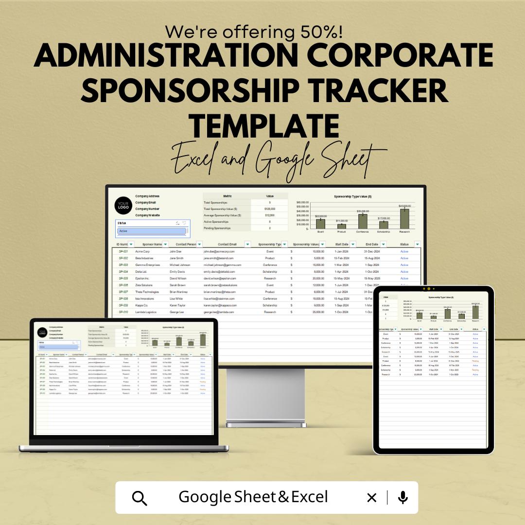 Corporate Sponsorship Tracker Template | Administration Sponsorship Management Spreadsheet | Excel & Google Sheets
