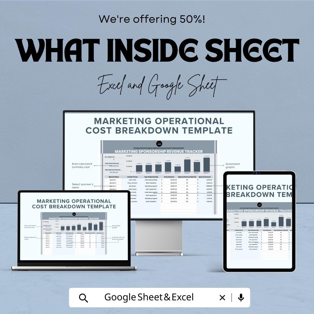Marketing Sponsorship Revenue Tracker Sheet | Excel and Google Sheets | Budget & ROI Dashboard