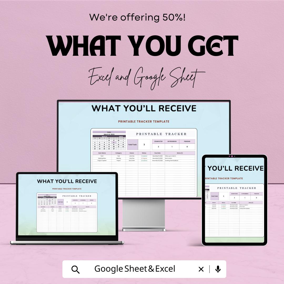 Printable Tracker Sheet - Task and Goal Tracker Template, Excel & Google Sheets, Printable Planner for Organizing Tasks and Deadlines