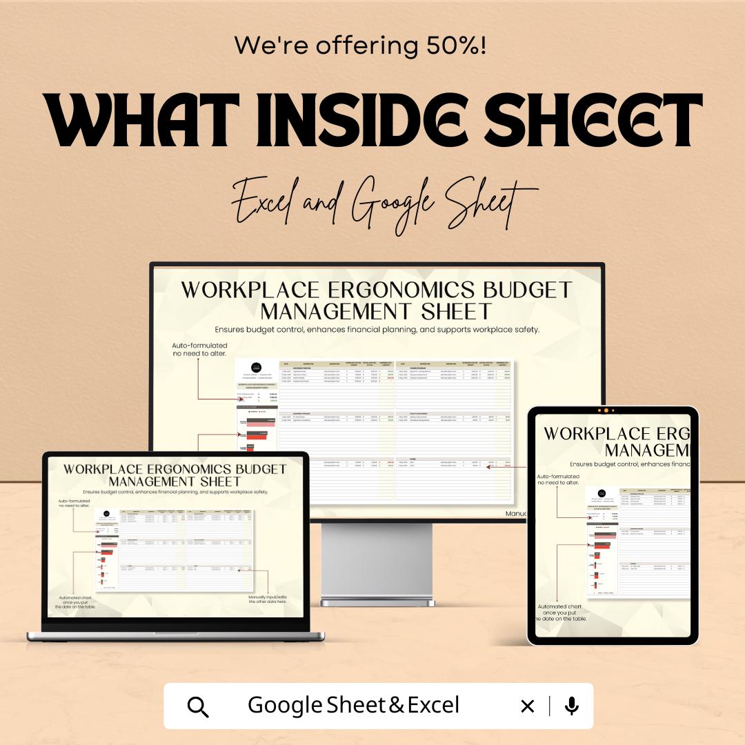 Workplace Ergonomics Budget Management Sheet | Excel and Google Sheets Template | Budget Planning for Office Safety & Comfort