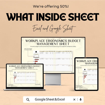 Workplace Ergonomics Budget Management Sheet | Excel and Google Sheets Template | Budget Planning for Office Safety & Comfort
