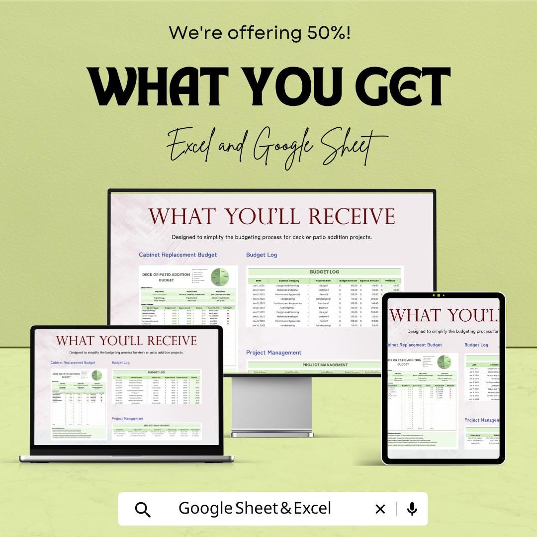 Deck or Patio Addition Budget Sheet - Excel & Google Sheets Template for Project Cost Planning