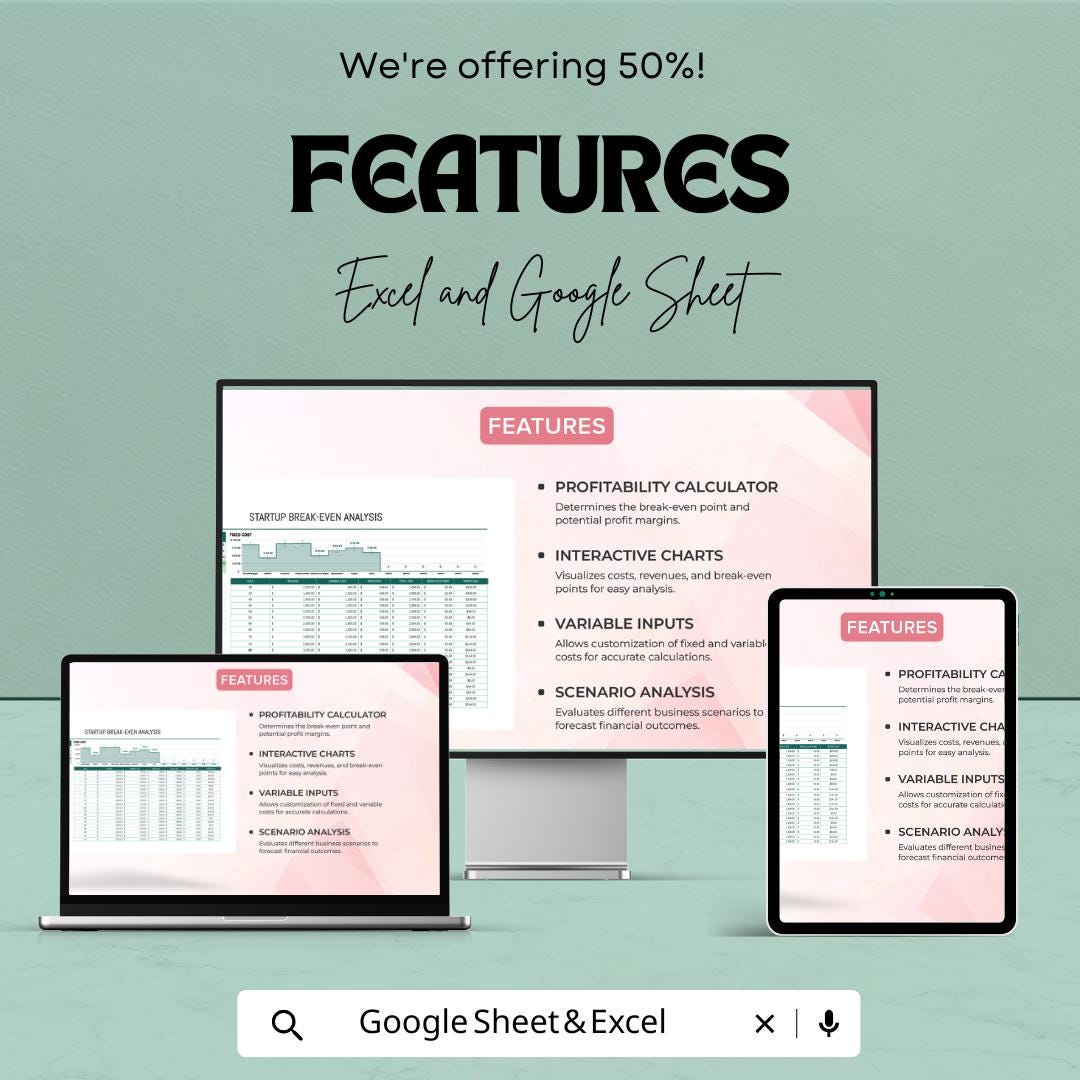 Startup Break Even Analysis Template | Excel & Google Sheets | Break Even Calculator | Business Financial Planning Spreadsheet