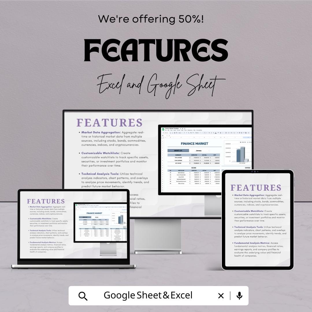 Finance Market Template | Financial Analysis Spreadsheet | Income & Expense Tracker | Market Summary Dashboard