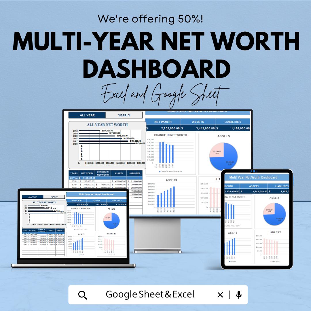 Multi-Year Net Worth Dashboard | Google Sheets Template for Financial Planning | Track Assets, Liabilities, and Net Worth Over Time |