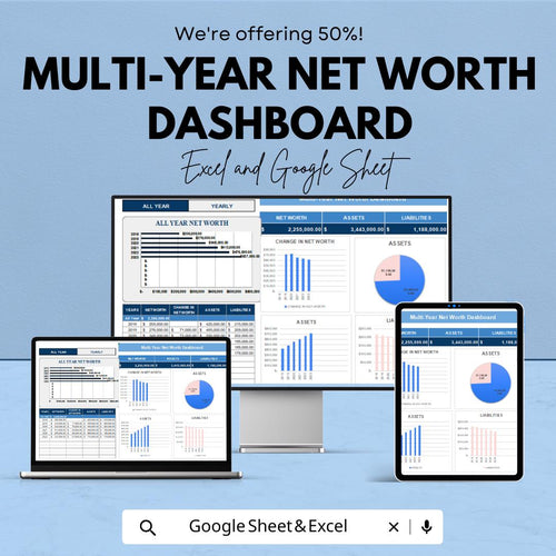Multi-Year Net Worth Dashboard | Google Sheets Template for Financial Planning | Track Assets, Liabilities, and Net Worth Over Time |