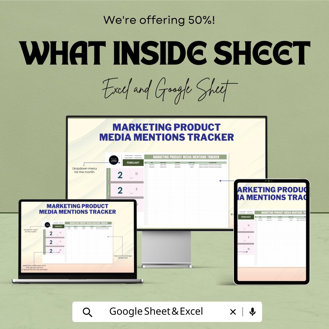 Marketing Product Media Mentions Tracker Template | PR Tracker | Media Monitoring Spreadsheet | Google Sheets & Excel |