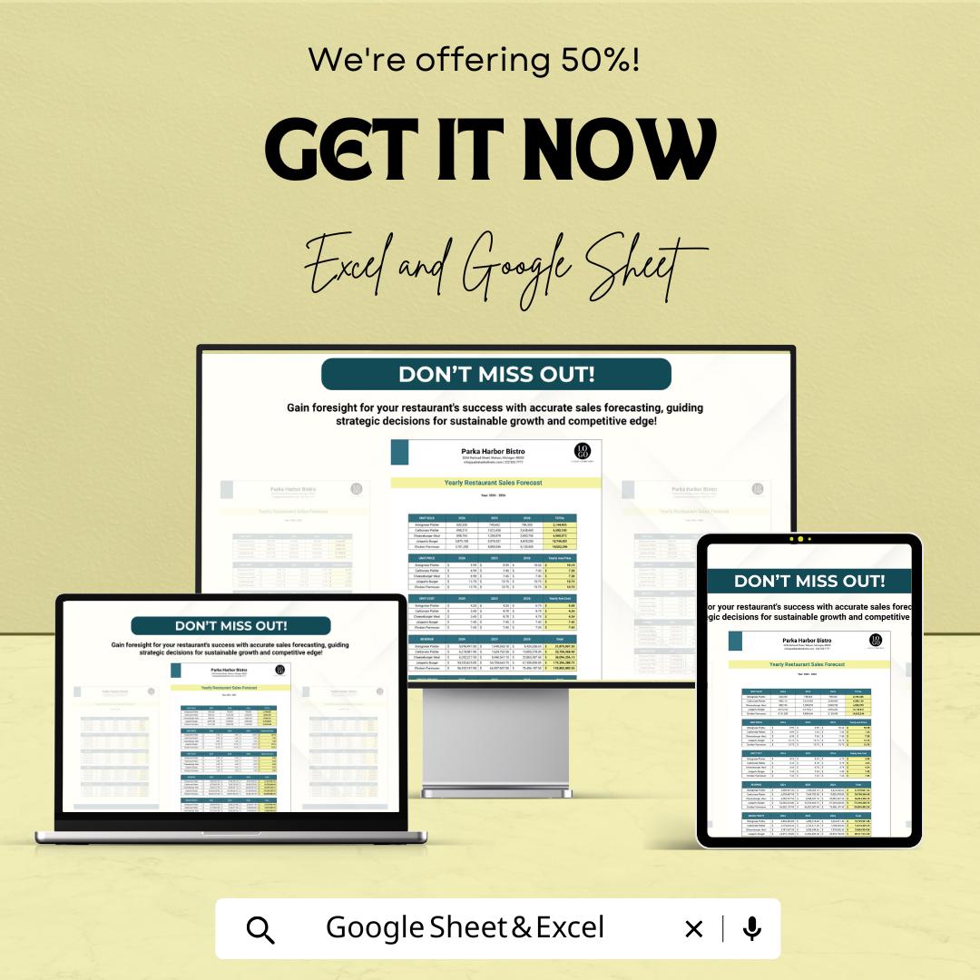 Restaurant Sales Forecast Template | Food & Beverage Forecasting | Restaurant Revenue Planner | Sales Projection Template