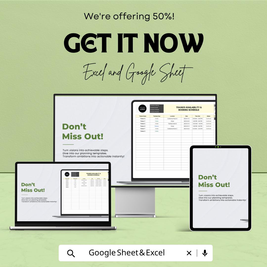 Trainer Availability Booking Schedule Template | HR Training Planner | Trainer Schedule Spreadsheet | Session Booking Sheet Template