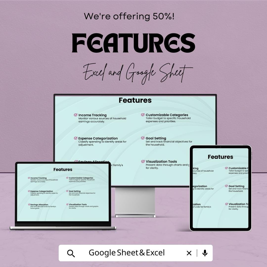 Household Budget Worksheet | Google Sheets Template for Tracking Income, Expenses, and Financial Goals | Easy to Use & Customizable