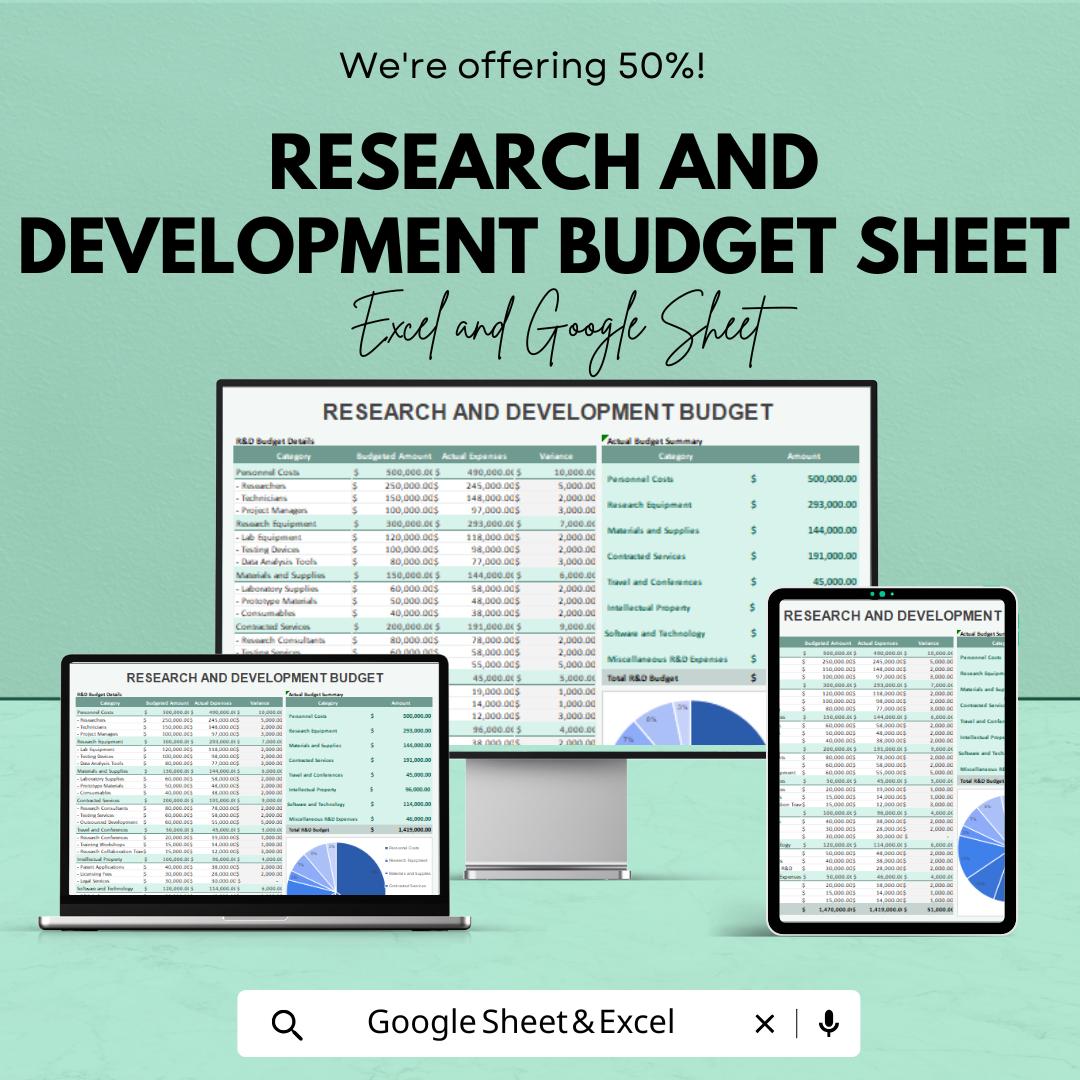 Research and Development Budget Sheet Template | Excel & Google Sheets | RD Financial Planning Template | Track Expenses