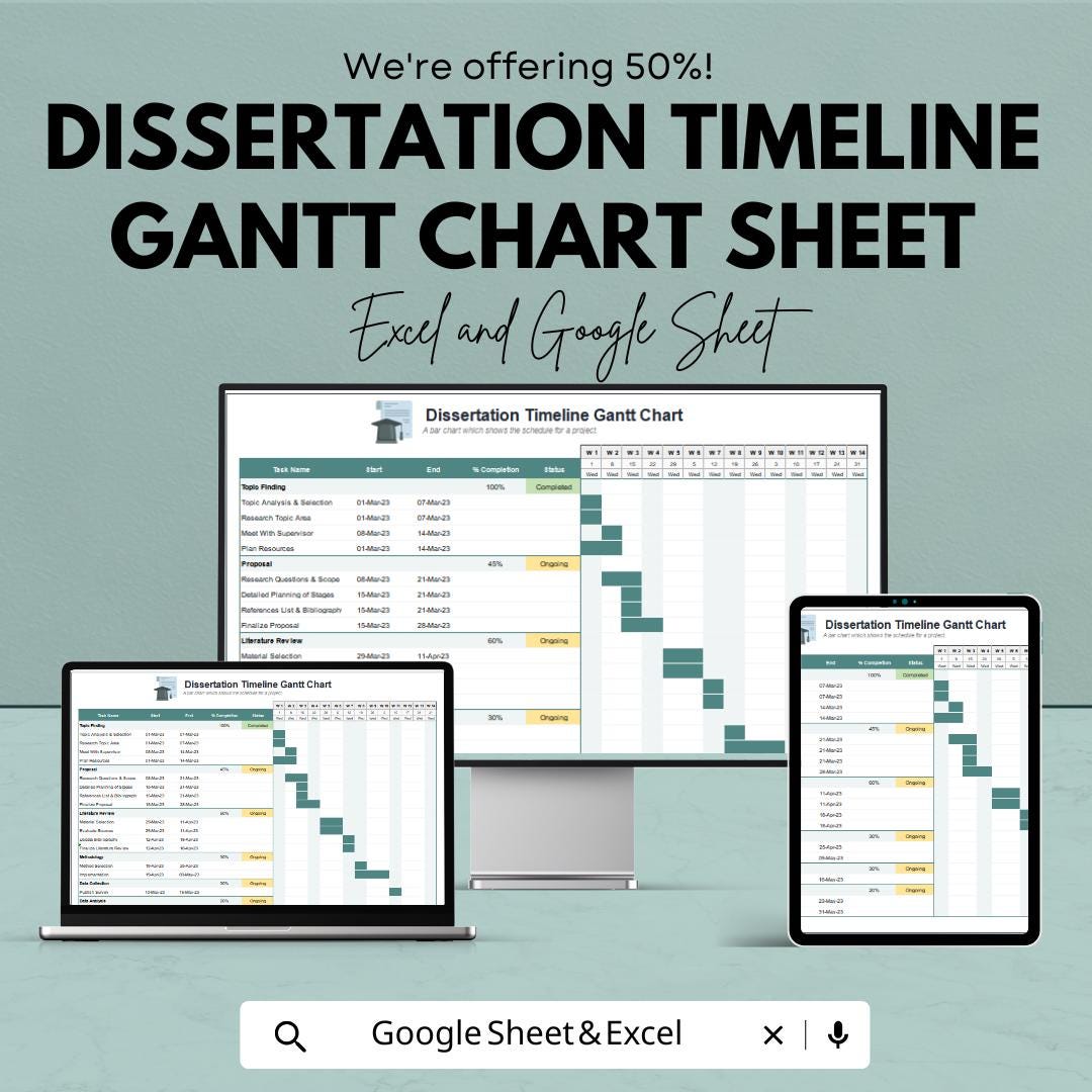 Dissertation Timeline Gantt Chart | Research & Writing Schedule Tracker | Google Sheets and Excel
