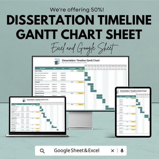 Dissertation Timeline Gantt Chart | Research & Writing Schedule Tracker | Google Sheets and Excel