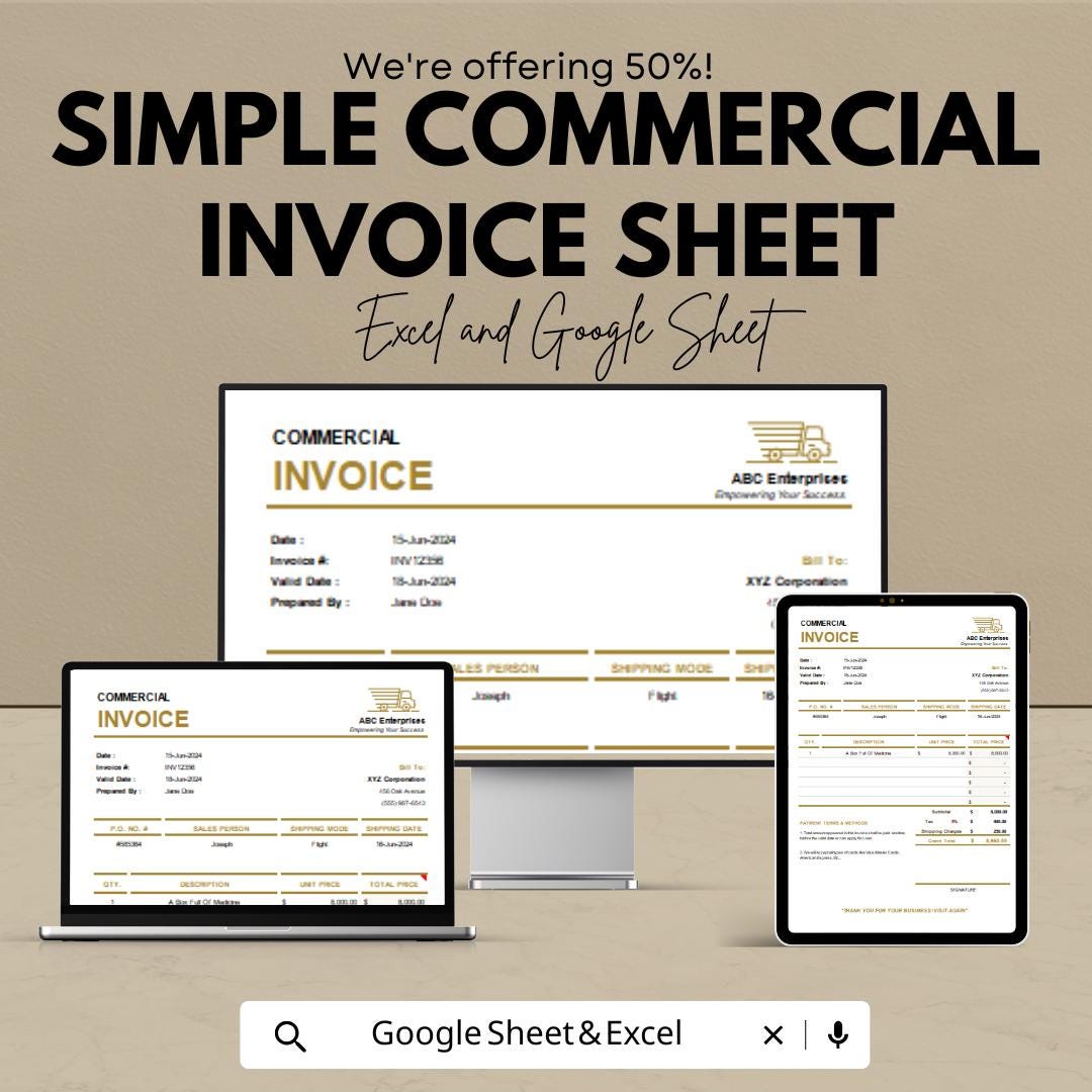 Simple Commercial Invoice Sheet | Google Sheets | Template | Editable Billing Invoice | Business Invoice Format | Printable Invoice Form