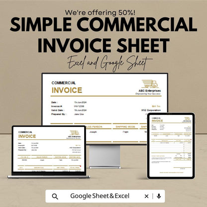 Simple Commercial Invoice Sheet | Google Sheets | Template | Editable Billing Invoice | Business Invoice Format | Printable Invoice Form