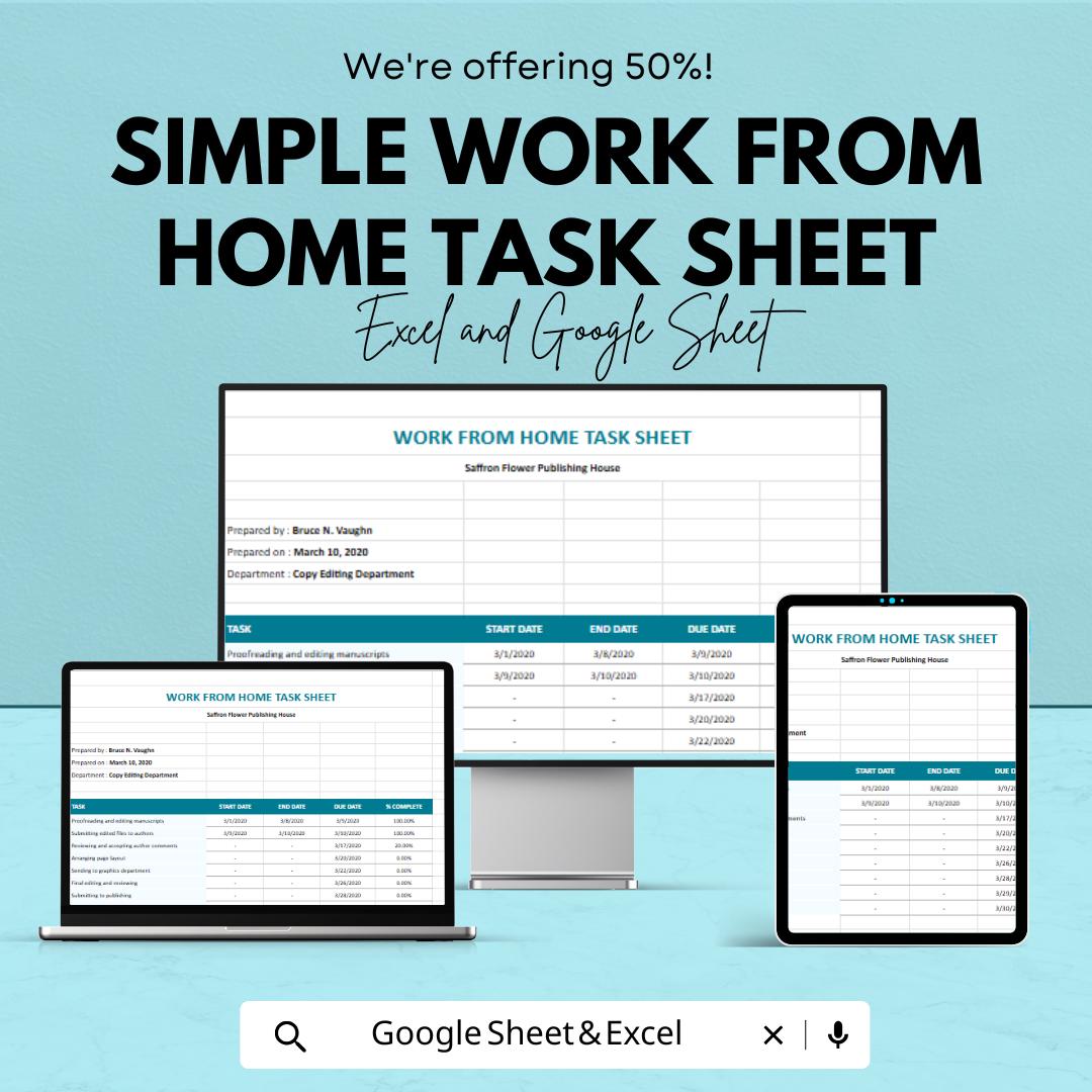 Simple Work From Home Task Sheet Template for Excel & Google Sheets | Task Management | Instant Download | 50% Off