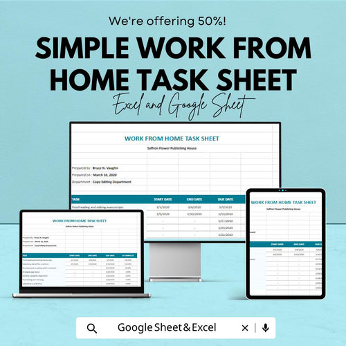 Simple Work From Home Task Sheet Template for Excel & Google Sheets | Task Management | Instant Download | 50% Off