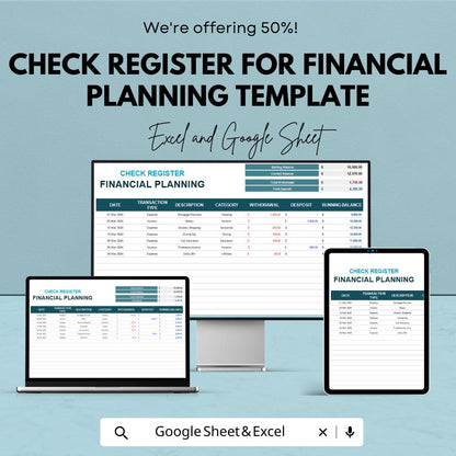 Check Register for Financial Planning Template | Expense Tracker | Income and Expense Log | Budget Register Spreadsheet