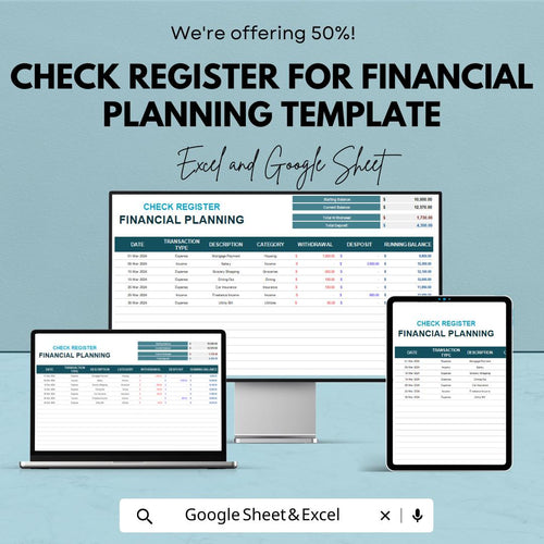 Check Register for Financial Planning Template | Expense Tracker | Income and Expense Log | Budget Register Spreadsheet