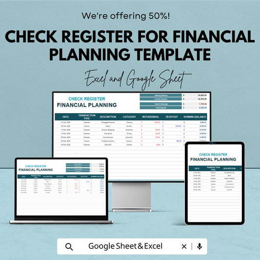 Check Register for Financial Planning Template | Expense Tracker | Income and Expense Log | Budget Register Spreadsheet