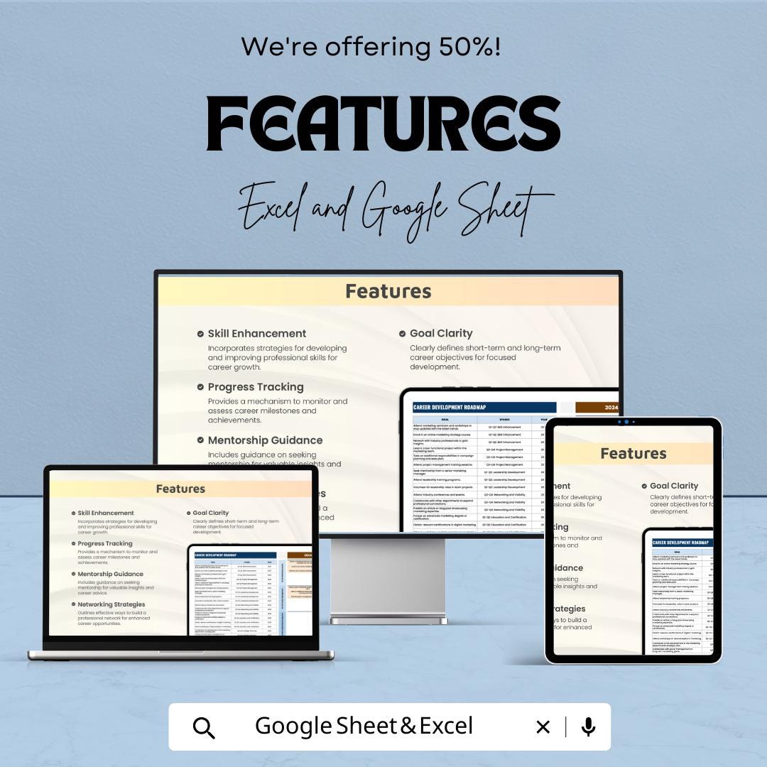 Career Development Roadmap Template Excel & Google Sheets | Career Planning Spreadsheet | Professional Growth Planner | Career Goal Tracker