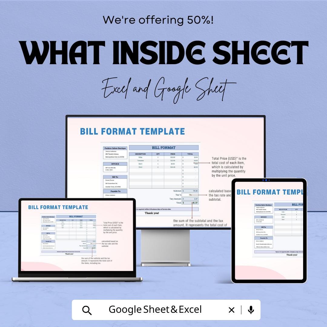Bill Format Template - Excel & Google Sheets, Professional Invoice Generator, Billing Sheet, Sales Receipt, Customizable Bill Template,