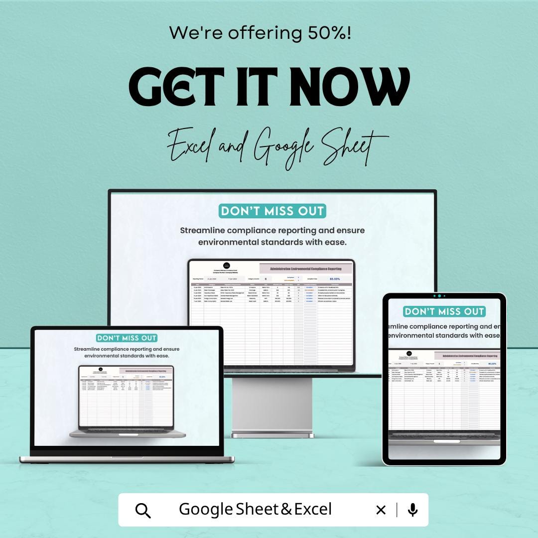 Administration Environmental Compliance Reporting Template | Environmental Compliance Spreadsheet | Excel & Google Sheets Compliance Tracker